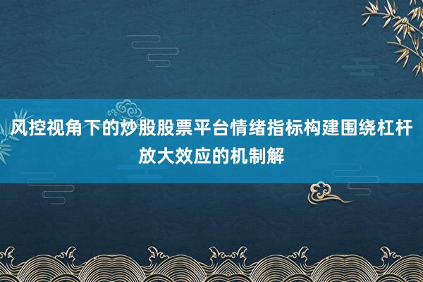 风控视角下的炒股股票平台情绪指标构建围绕杠杆放大效应的机制解